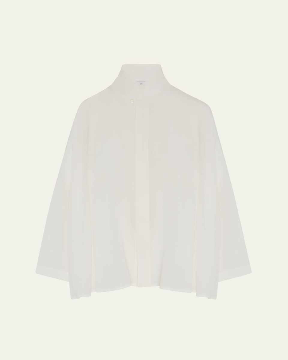Pleated Shoulder Swing Shirt With Chinese Collar (Mid Plus Length)